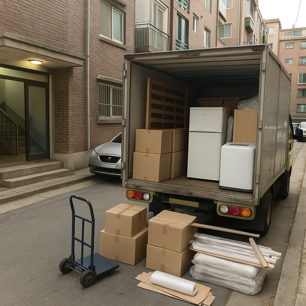 Photorealistic full-bleed 3:2 landscape of a narrow Korean apartment street/entrance during a daytime move: a small Korean yongdal moving truck (yongdalcha) parked awkwardly with its rear open, showing stacked cardboard boxes, a small refrigerator, washing machine, disassembled bed frame, packing materials and a dolly on the sidewalk; clear Korean urban details (apartment stair entrance, narrow street, parked cars) but no people, no visible text, no logos, no watermarks. Natural daylight (with p