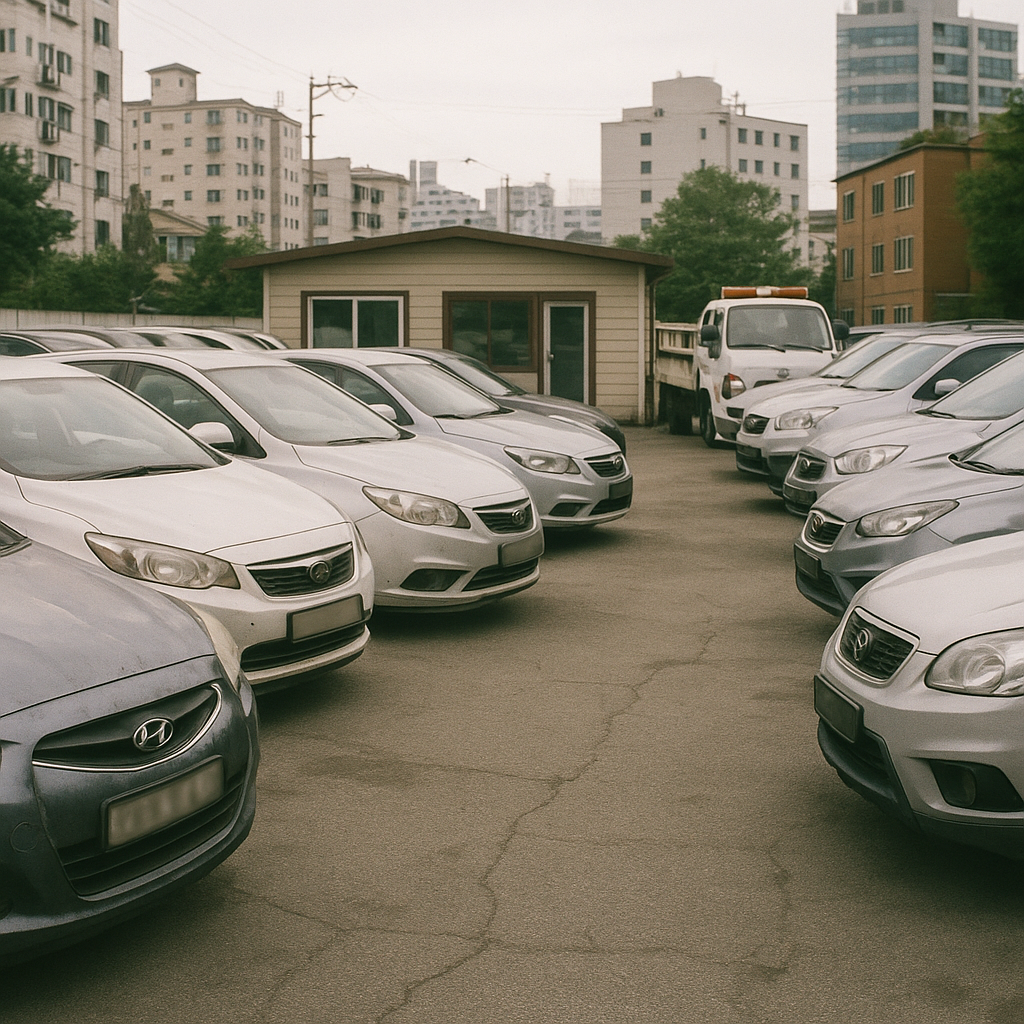 Photorealistic photo of a Korean used-car lot (used car buying/중고차단지 concept): rows of compact sedans and small SUVs with visible minor scratches and natural wear, a small inspection/sales office and parked tow truck in the background, Korean urban/suburban setting, no people, no text or signage or logos, license plates blurred or unreadable, natural daylight or indoor fluorescent lighting, slightly imperfect composition and focus, some edge blur, slight color temperature/exposure imbalance, hig