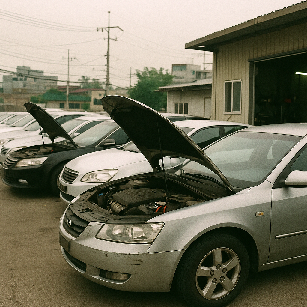 Photorealistic, high-resolution photograph of a Korean used-car buying scene: an outdoor used-car lot / small used-car dealership with rows of secondhand cars, modest office or inspection bay, cars showing light wear and minor scratches, some hoods open and basic inspection tools visible, no people, no readable text or signage, no logos or watermarks, natural daylight or indoor fluorescent lighting, amateur phone-camera aesthetic with slight edge blur and imperfect focus, slightly unbalanced col