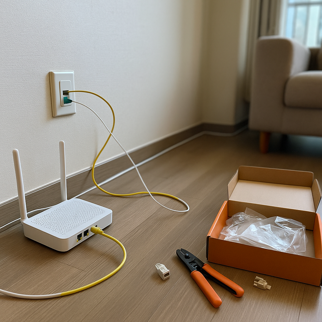 Photorealistic photo of a Korean apartment living room showing an internet installation scene: modem/router and wall-mounted fiber/Ethernet outlet with cables and connectors, ISP packaging and installation tools quietly placed on the floor and a small cable run along the wall, no people and no text/logos/watermarks, natural window light or indoor fluorescent, amateur smartphone snapshot feel with slightly off-center composition, mild edge blur and imperfect focus, subtle color temperature and ex
