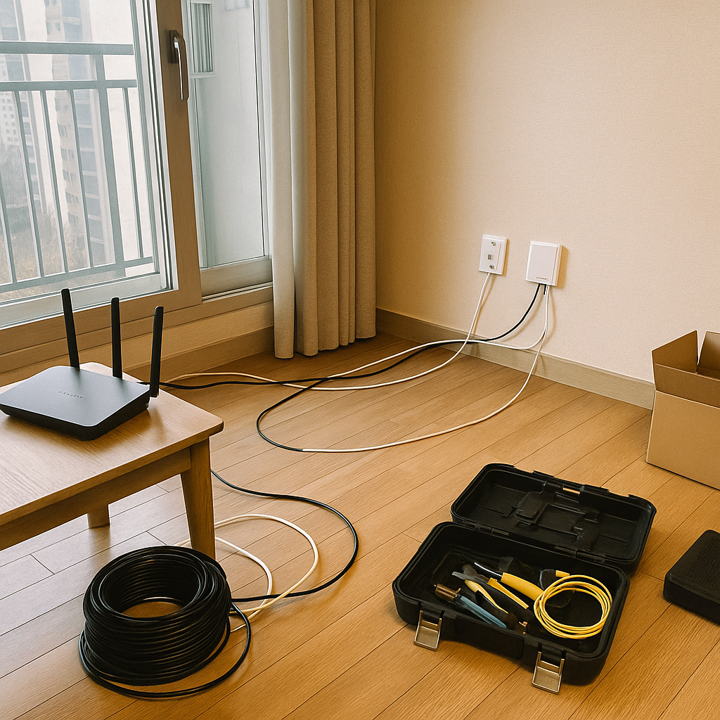 Photorealistic photo of a Korean apartment living room during an internet installation scene: a modem/router on a low table near a sliding balcony window, fiber/coaxial cable and Ethernet lines routed along the baseboard with a cable spool and open toolbox on the floor, wall outlet and wall-mounted junction box visible, packaging and a rented set-top-like modem gently out of frame, no people, no visible text, logos or watermarks, natural window light or warm indoor fluorescent, slightly off-cent