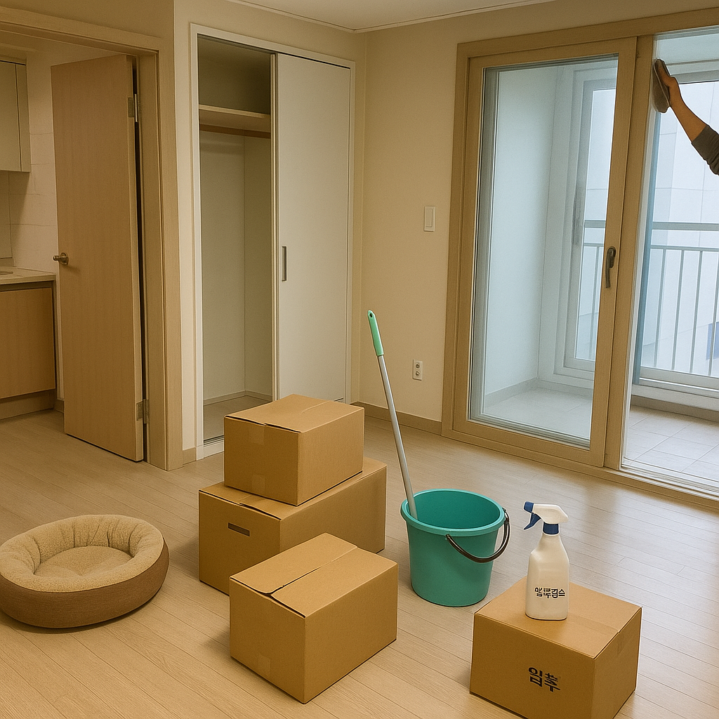 Korean apartment interior undergoing move-in cleaning: a lived-in living room/kitchen corner with cardboard moving boxes, cleaning supplies (mop, bucket, spray bottle), open built-in closet and balcony doorway visible, signs of pet or child use (small toy or pet bed) and dusty door frames and window sills being attended to, no people. Include one of the Korean words "이사청소" or "입주청소" as a small unobtrusive label on a box or cleaning bottle only. Natural daylight or indoor fluorescent lighting, am