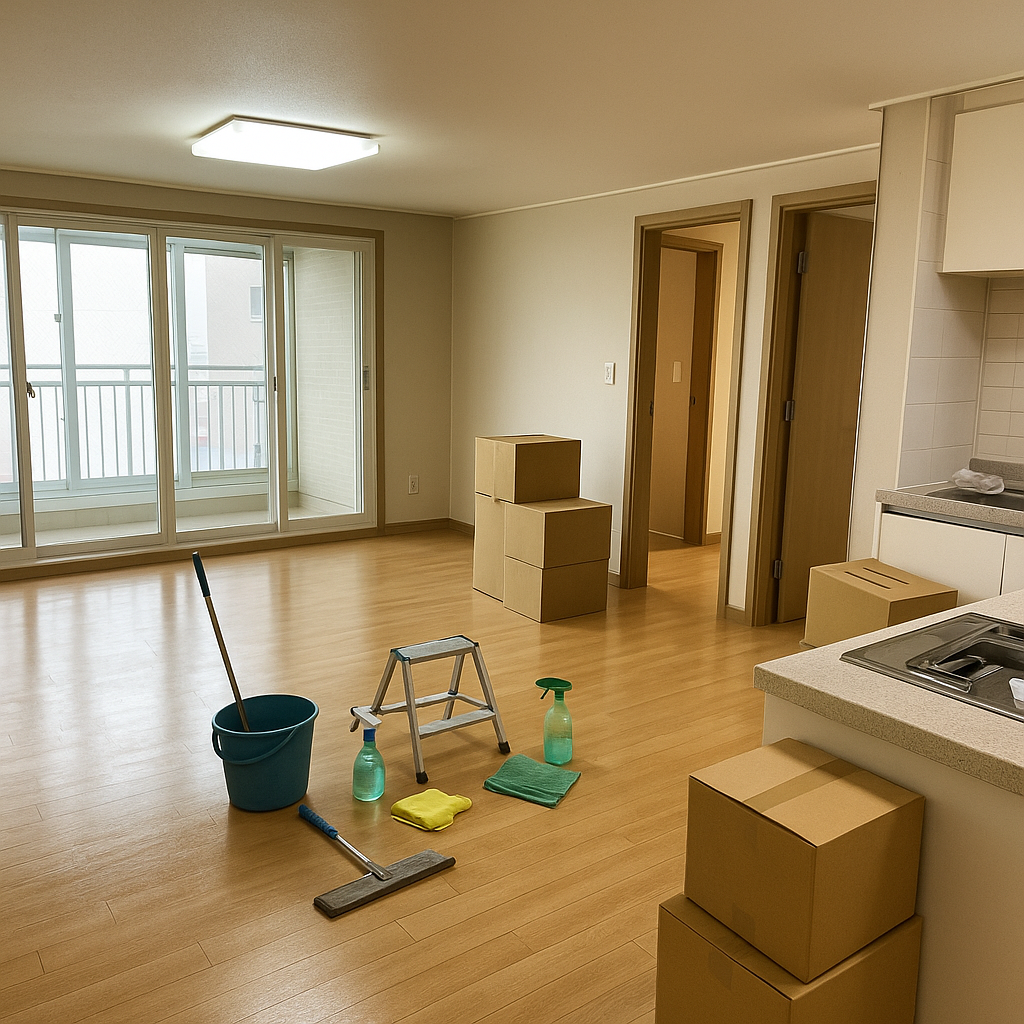 Photorealistic photo of a Korean 20-pyeong apartment interior after move-in cleaning, no people, no text, no logos, no watermark. Wide 3:2 landscape view filling the frame, natural daylight with warm indoor fluorescent ambient light. Show living area and small kitchen: four large windows and a balcony sliding door, two bathroom doors visible in the background, disassembled kitchen hood parts and a towel by the sink, stacked moving boxes to one side, mop, bucket, spray bottles, microfiber cloths