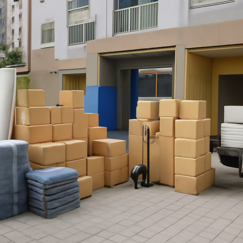 Photorealistic high-resolution smartphone-style photo of a Korean apartment moving scene (apartment move / full-service packing move) in a 3:2 landscape full-bleed frame. Show a Korean apartment high-rise entrance and sidewalk with a small moving truck parked nearby, about 40 stacked cardboard boxes, wrapped small furniture pieces and mattresses, moving blankets, a hand truck/dolly, elevator lobby with protective padding visible, and an open temporary storage area suggesting short-term storage c