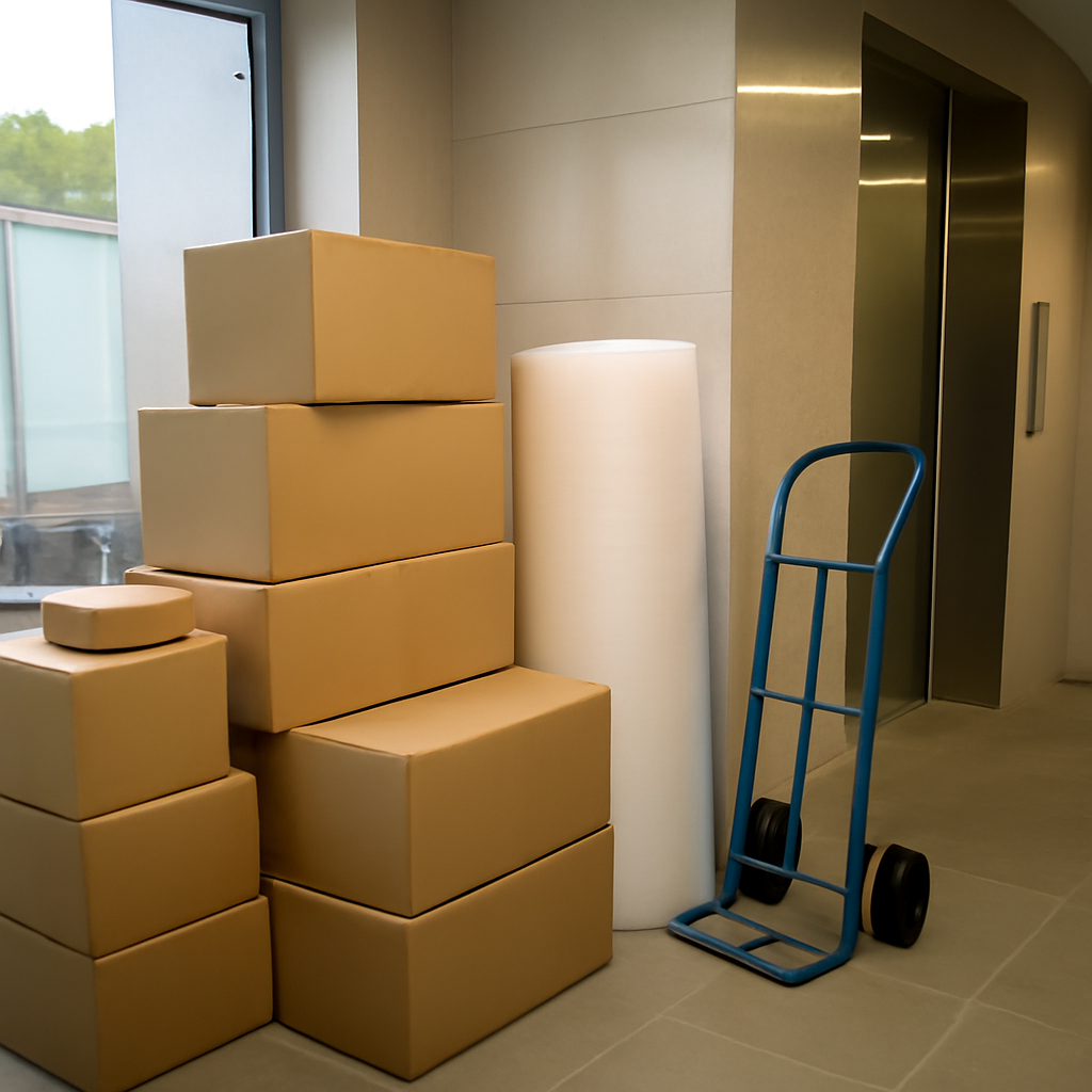 Photorealistic 3:2 landscape photo of a Korean apartment moving scene implying 아파트이사 or 포장이사: stacked cardboard boxes, packing tape, bubble wrap, a dolly/hand truck and an elevator lobby or new apartment interior with a moving truck glimpsed through a window; no people, no readable text, no logos, no watermarks. Natural window light or indoor fluorescent lighting, slightly off-center composition, imperfect focus with gently blurred edges, slight color temperature/exposure imbalance, high-resolut