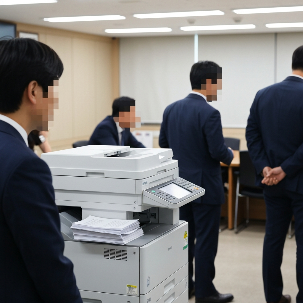 한국 사무실 회의실에서 앞쪽에 멈춘 출력물과 제안서 더미를 두고 대기하는 직원들