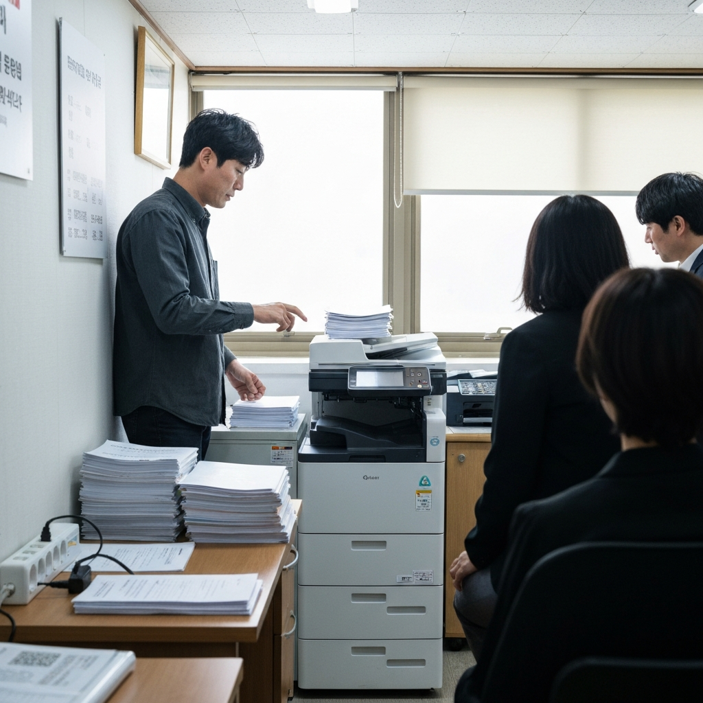 오피스 공간의 다기능 프린터가 작동 중.