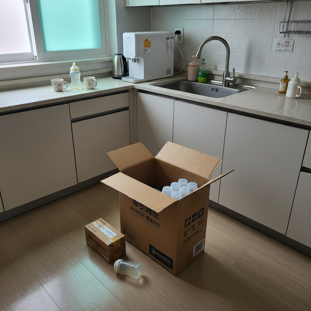 Photorealistic, highly detailed photo of a typical Korean apartment kitchen (landscape 3:2 full-bleed) featuring an unbranded countertop water purifier next to the sink, an open unbranded cardboard box of replacement filter cartridges and a small delivery parcel on the floor, a used baby bottle and mug to suggest a morning feeding routine. No people, no text, no logos, no watermarks. Natural window morning light mixed with indoor fluorescent lighting, slightly off-center handheld composition, sl