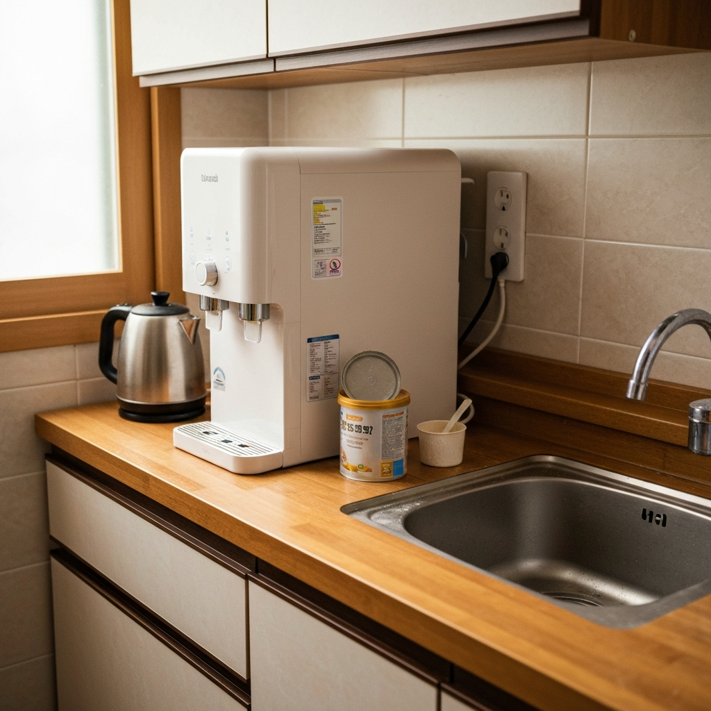 Photorealistic photo of a typical Korean apartment kitchen corner with a freestanding household water purifier/water dispenser beside a wooden countertop and stainless steel sink, a small open canister of baby formula powder and a used measuring scoop and kettle nearby (no people), natural window light or warm indoor fluorescent lighting, slightly off-center composition, shallow depth of field with mild edge blur and imperfect focus, slight color/exposure imbalance, phone-camera texture, high re