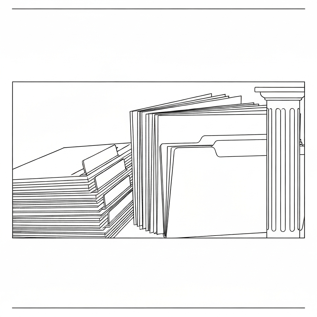 법원 문서 더미와 파일 탭의 단면이다