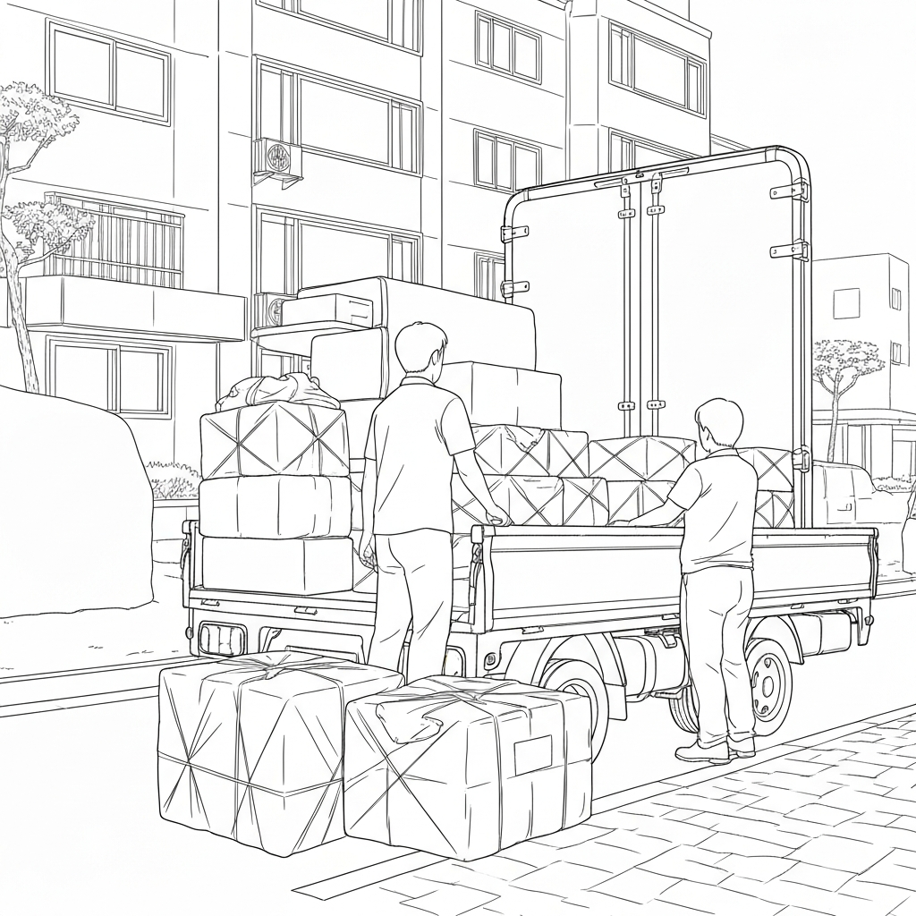 아파트앞이삿차두이삿꾼이신문지대신천포장상자싣다