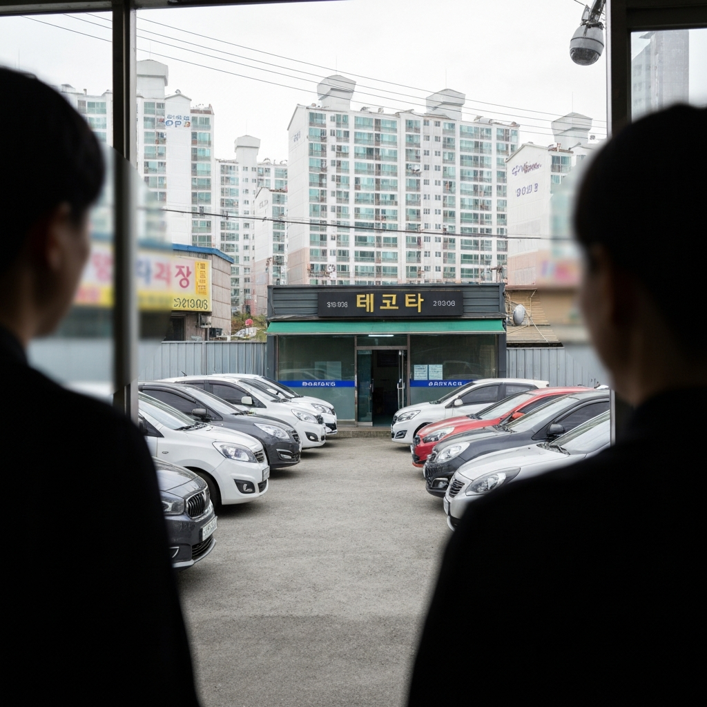 한국의 중고차 매장에 줄지어 선 자동차들