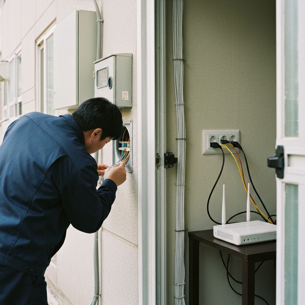 아파트외벽의분배함을점검하는기술자