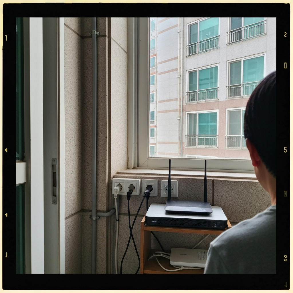 한국 아파트 발코니의 인터넷 설치 현장이다.