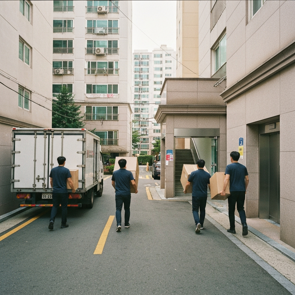 아파트입구이삿트럭앞에서이사들이짐을옮긴다