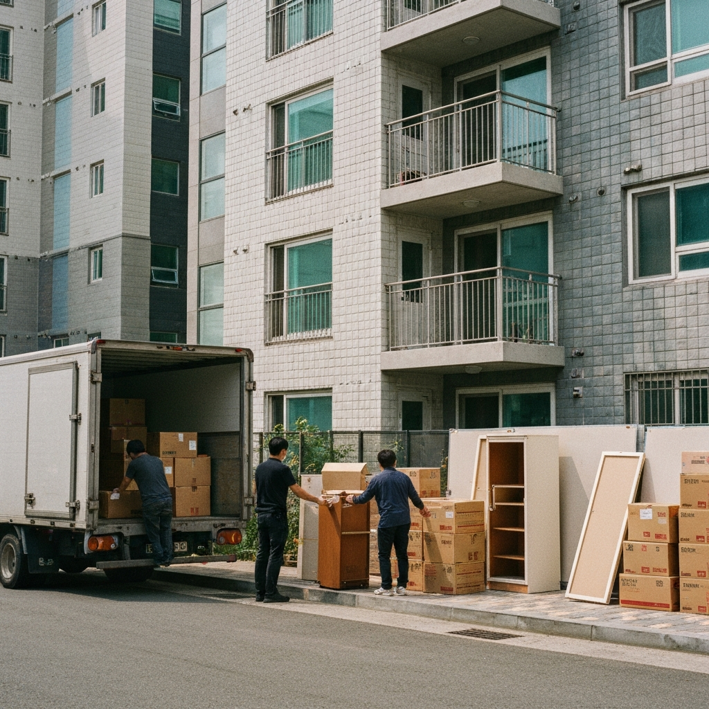 한국아파트단지에서이삿짐트럭이상자를옮긴다