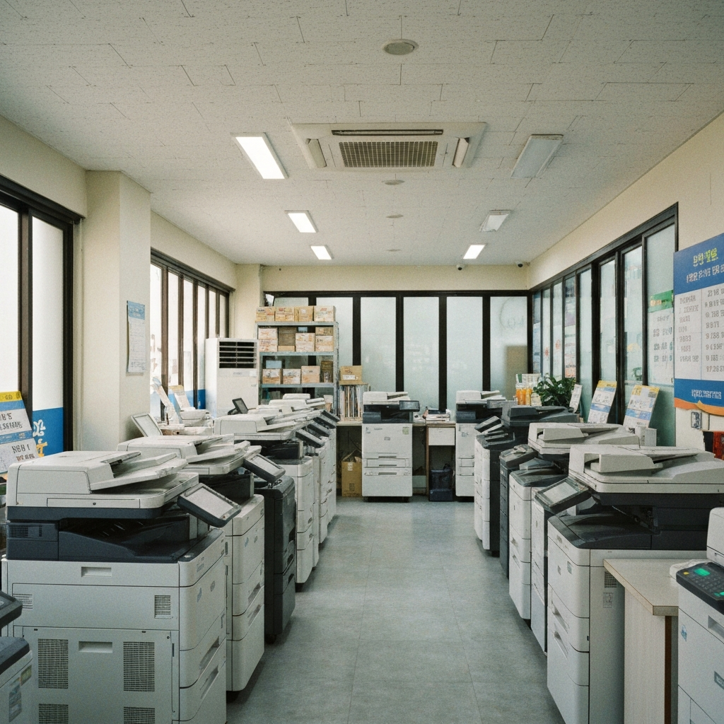 대여용 복합기 공간에 두 명 직원이 근무한다