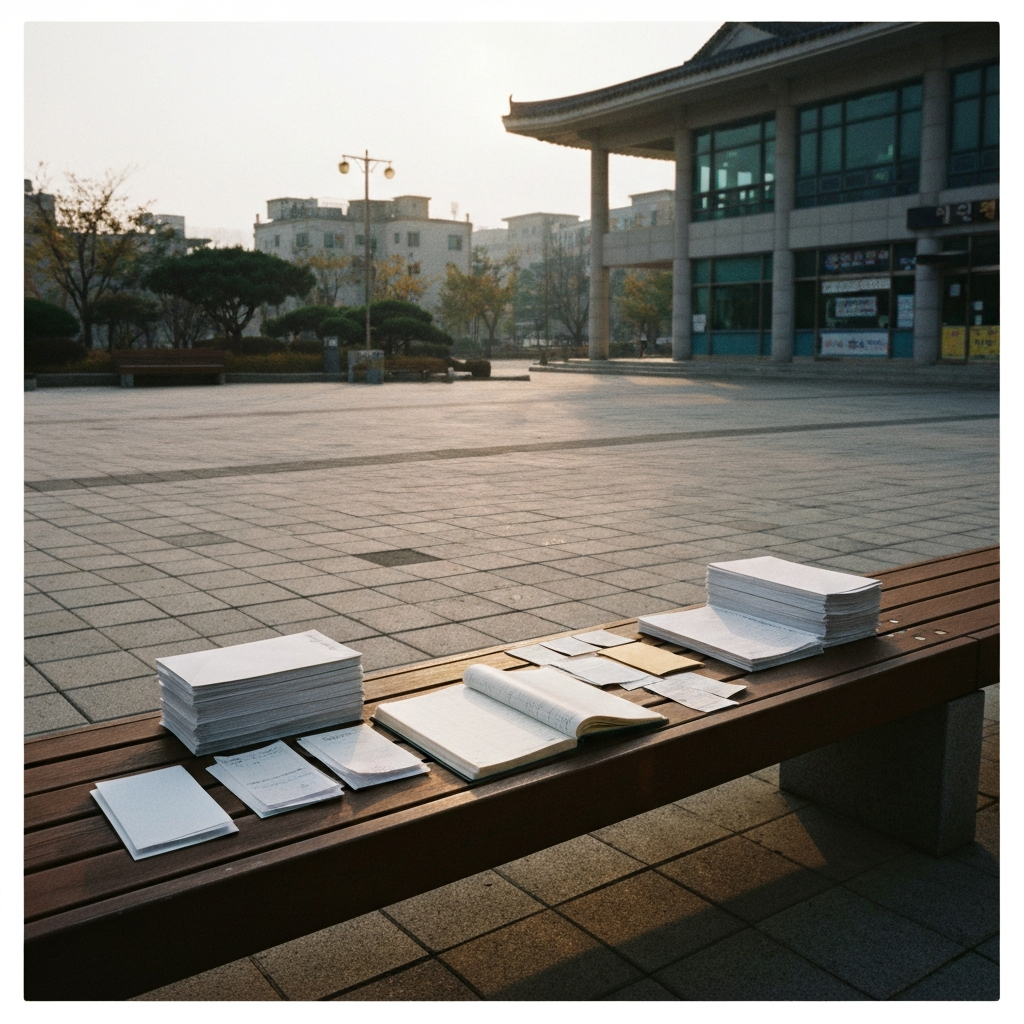 아침동네커뮤니티센터목재벤치에서서류를정리하는사람