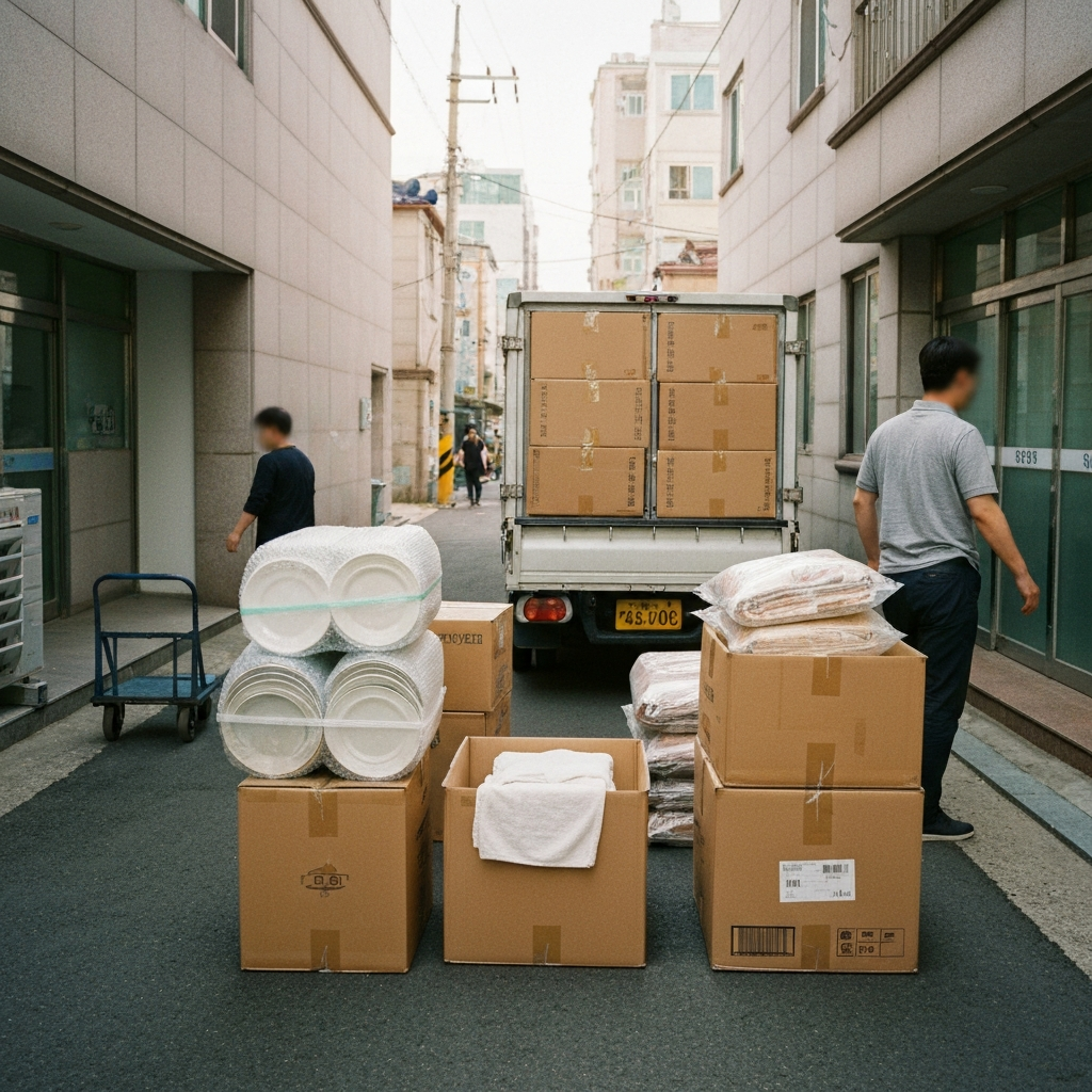 좁은 골목의 한국 이삿 트럭과 포장 상자들.