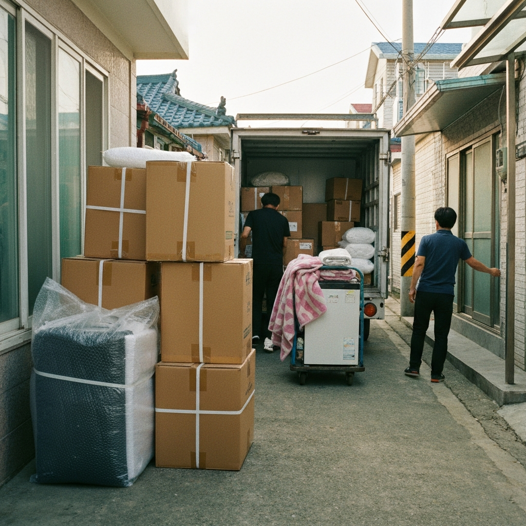 좁은골목에서 이사 트럭과 포장된 가구가 보인다