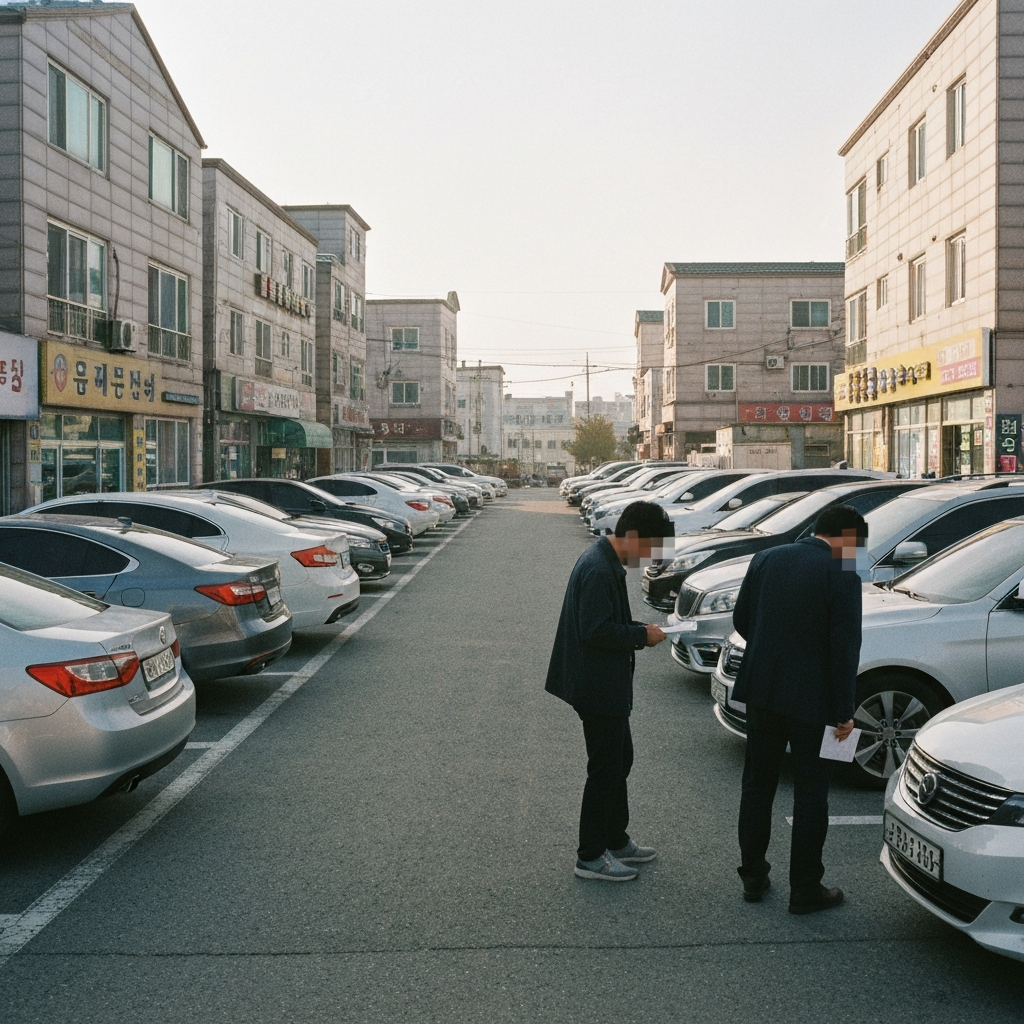 두 사람이 중고차를 보는 주차장.