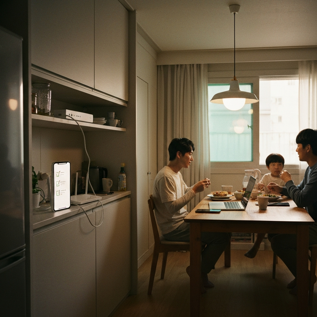 한국 도시 주방 다이닝에서 가족 상호작용