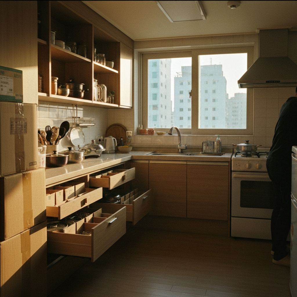 이사 후 정리된 주방의 깔끔한 모습.