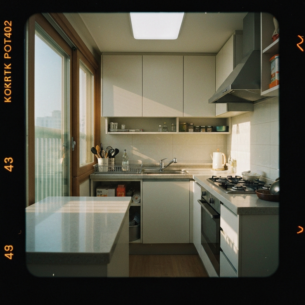 새로 이사한 한식 주방의 깔끔한 정리 공간이다