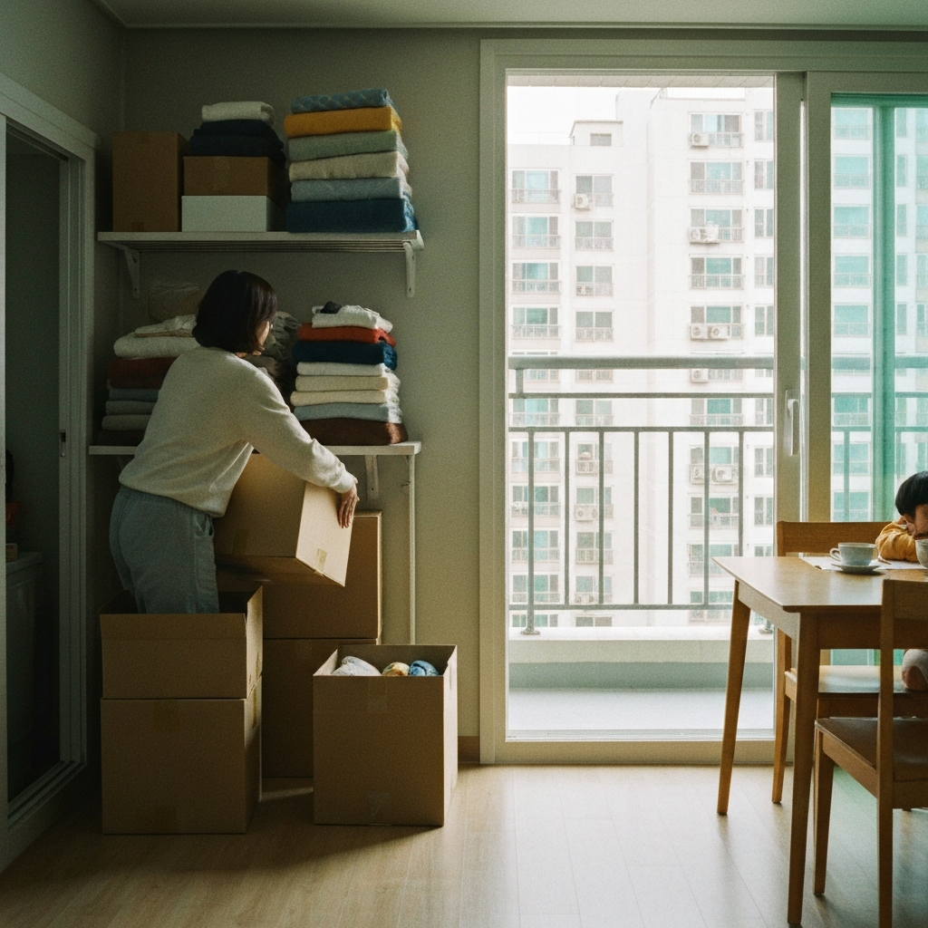 발코니 창고에서 상자 정리하는 가족.