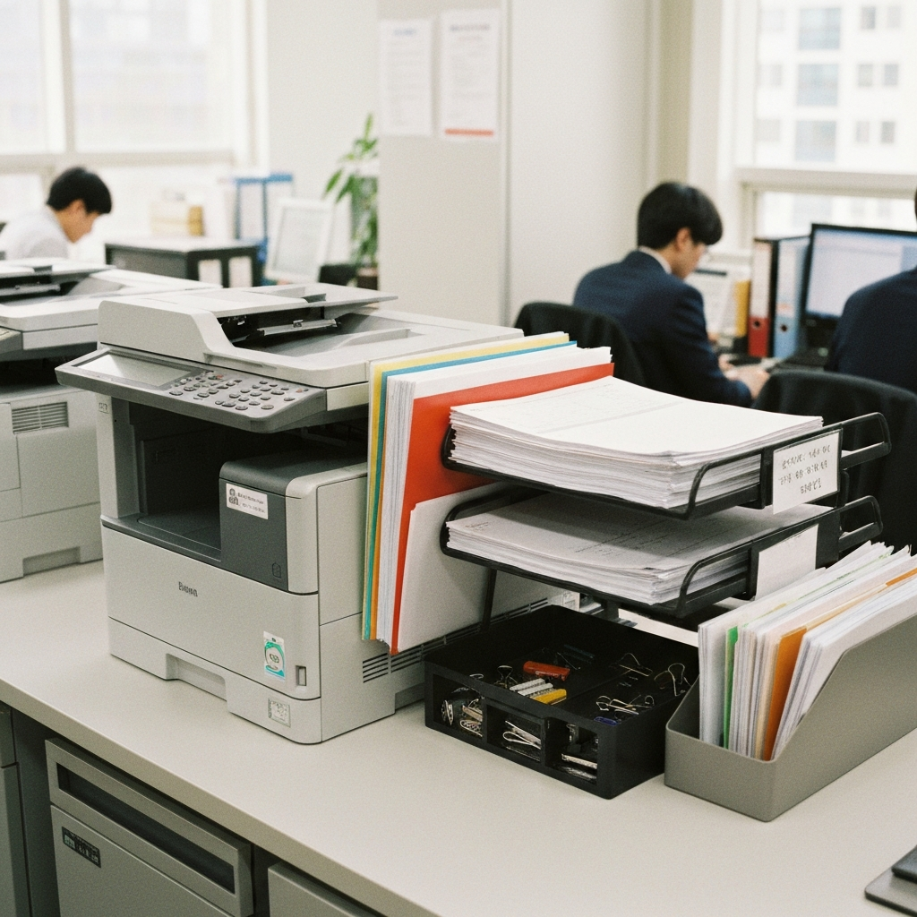 한국 오피스 공유 인쇄 구역의 정돈된 책상들.