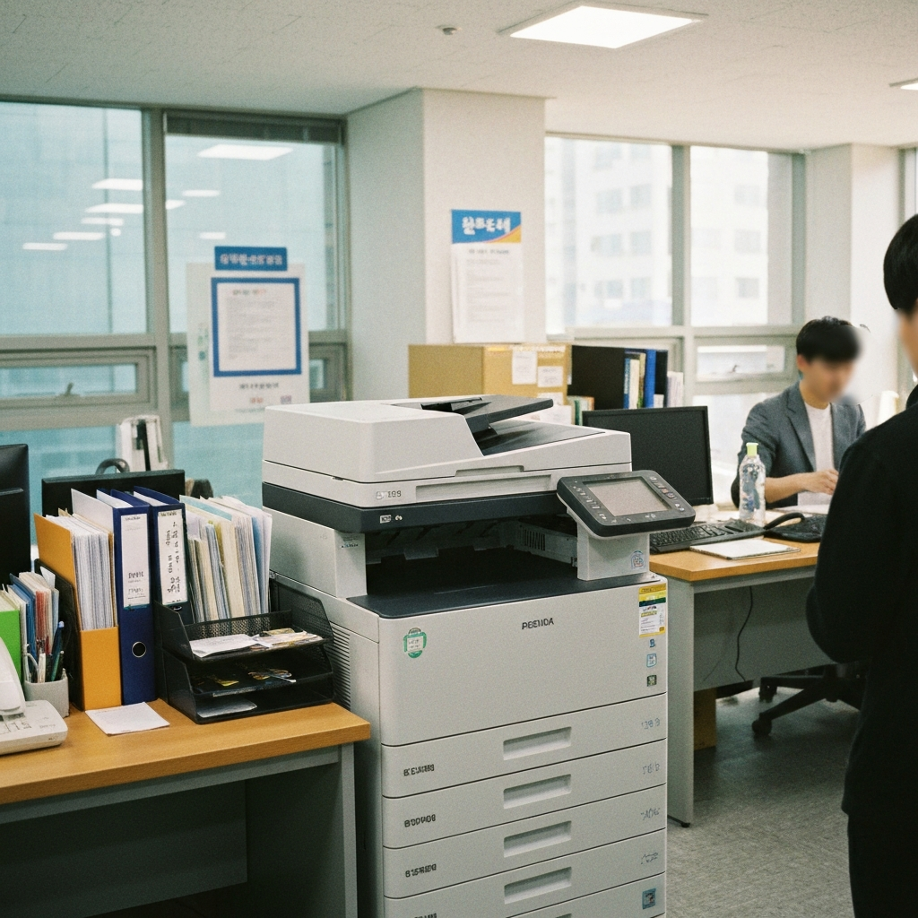 도시 사무실의 개인 책상과 공유 프린터.