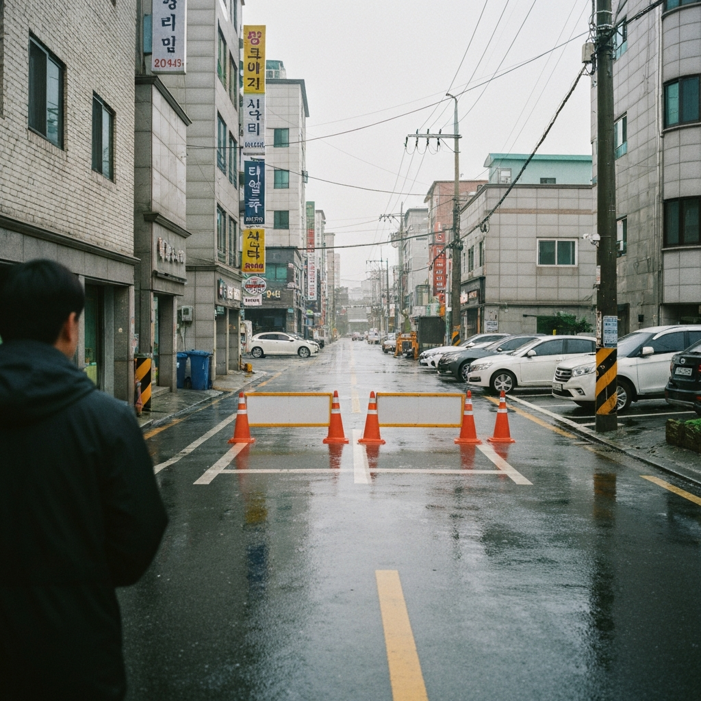 한국 도시의 골목길과 좁은 주차장이 보인다.