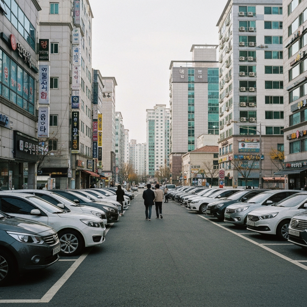 렌트용 소형차가 주차된 행렬에 사람들이 있다.