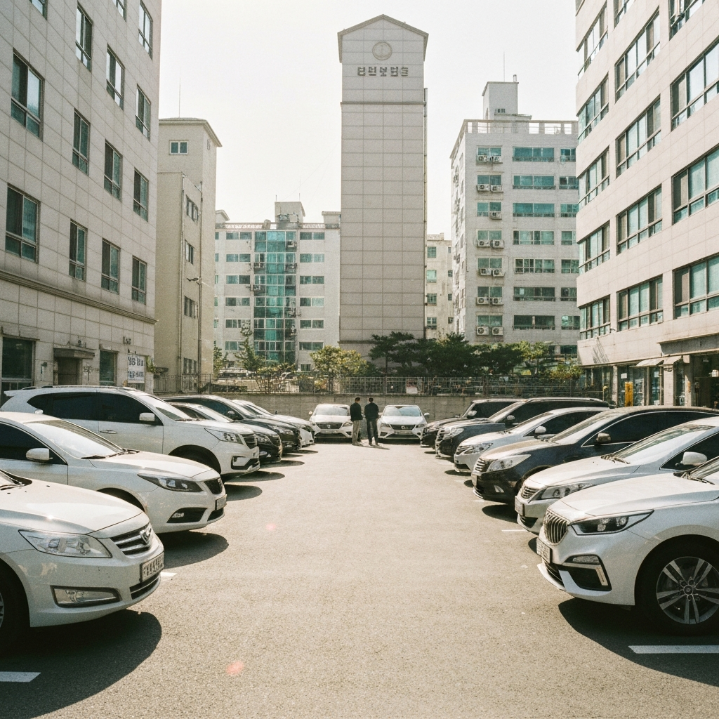 한국 도시의 렌터카 주차장에 차들이 줄지어 있다