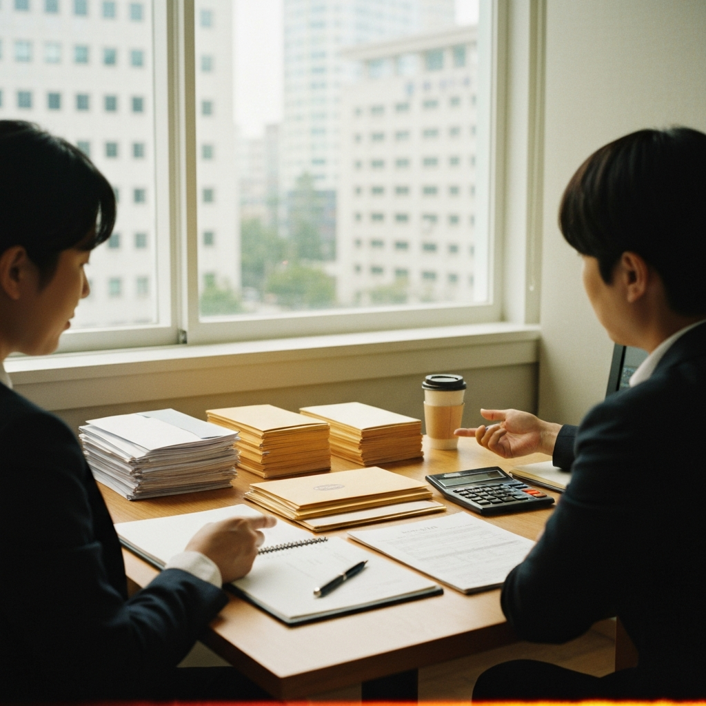 상담자와 의뢰인이 책상 위 문서를 가리킨다