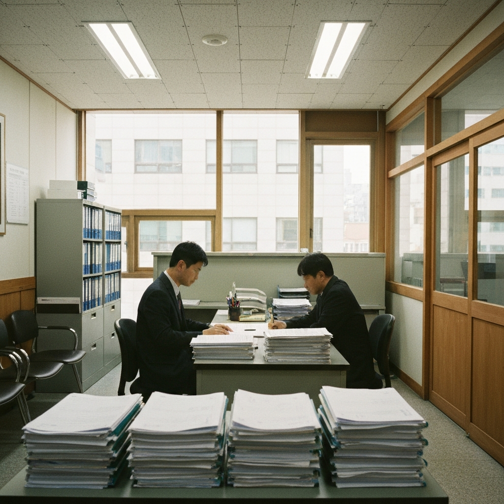 법률상담실에서 상담자와 의뢰인이 책상에 서류를 정리한다