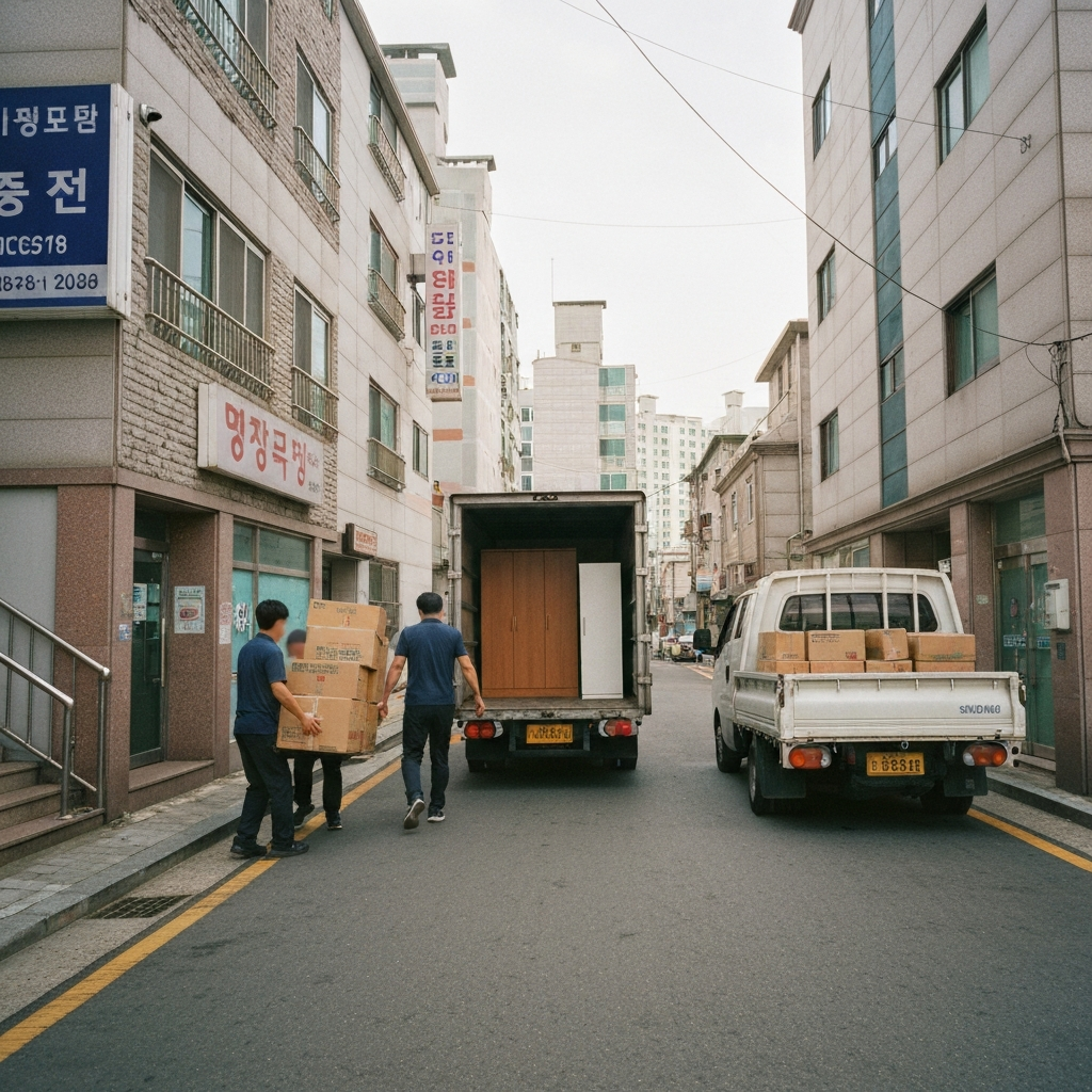 한국 도시 골목에서 이삿꾼들이 짐을 옮긴다.