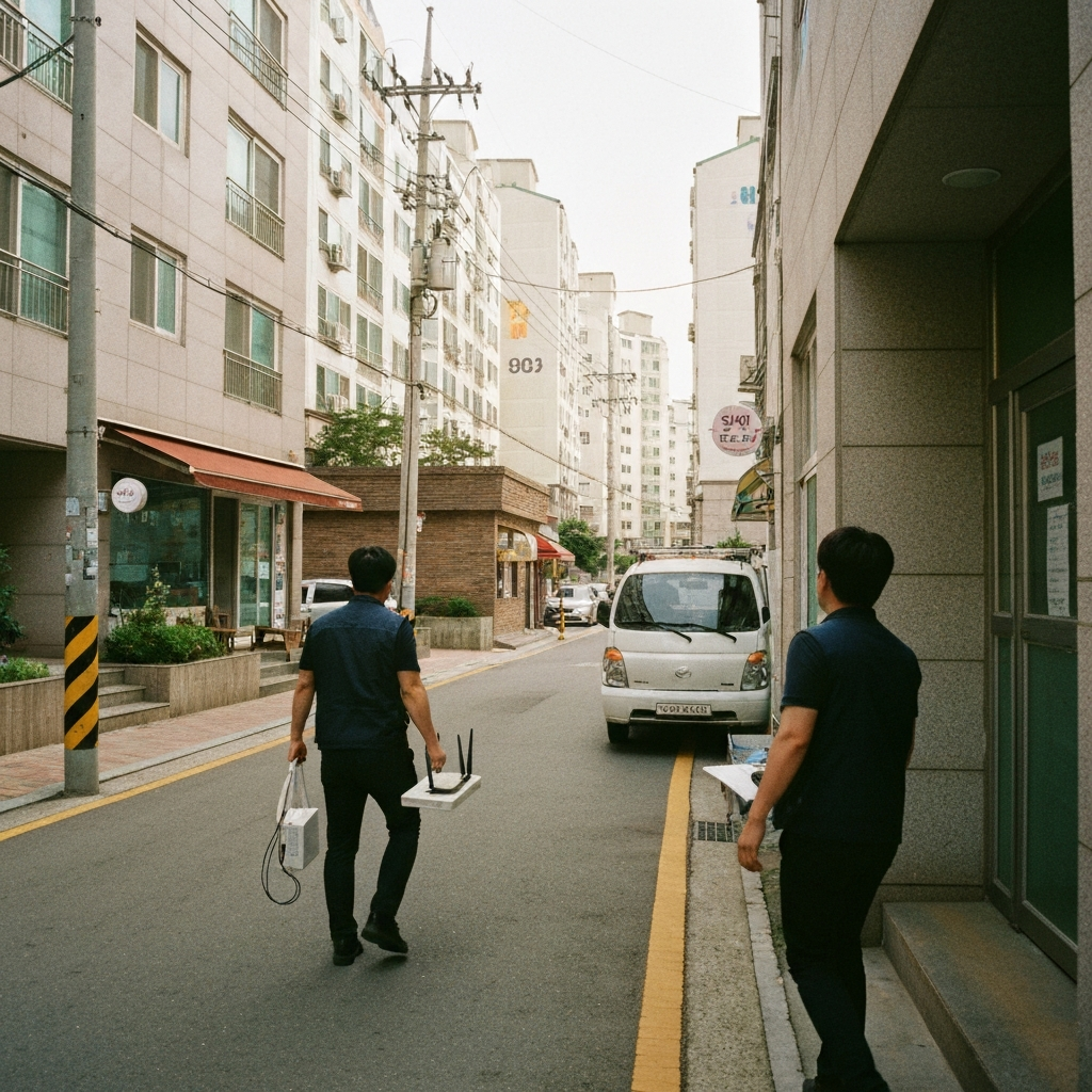 아파트입구로모뎀과라우터를들고가는서비스기사.