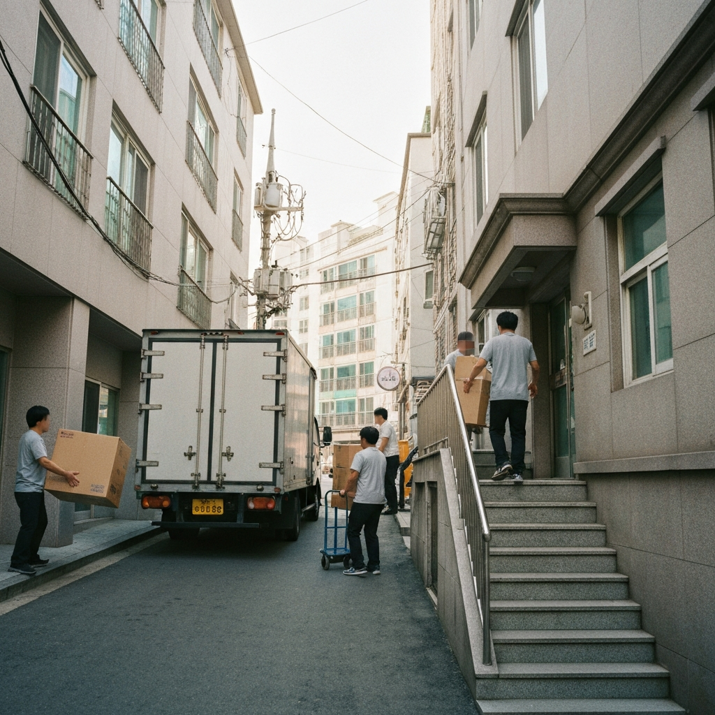 한국 골목 이삿짐 운반 트럭과 상자 현장.