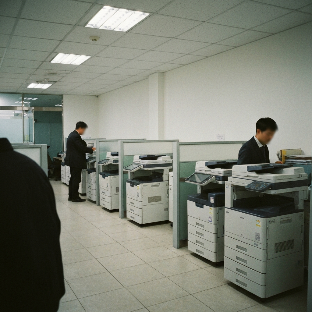 한국소기업사무실벽면에복사기가늘선풍경이다