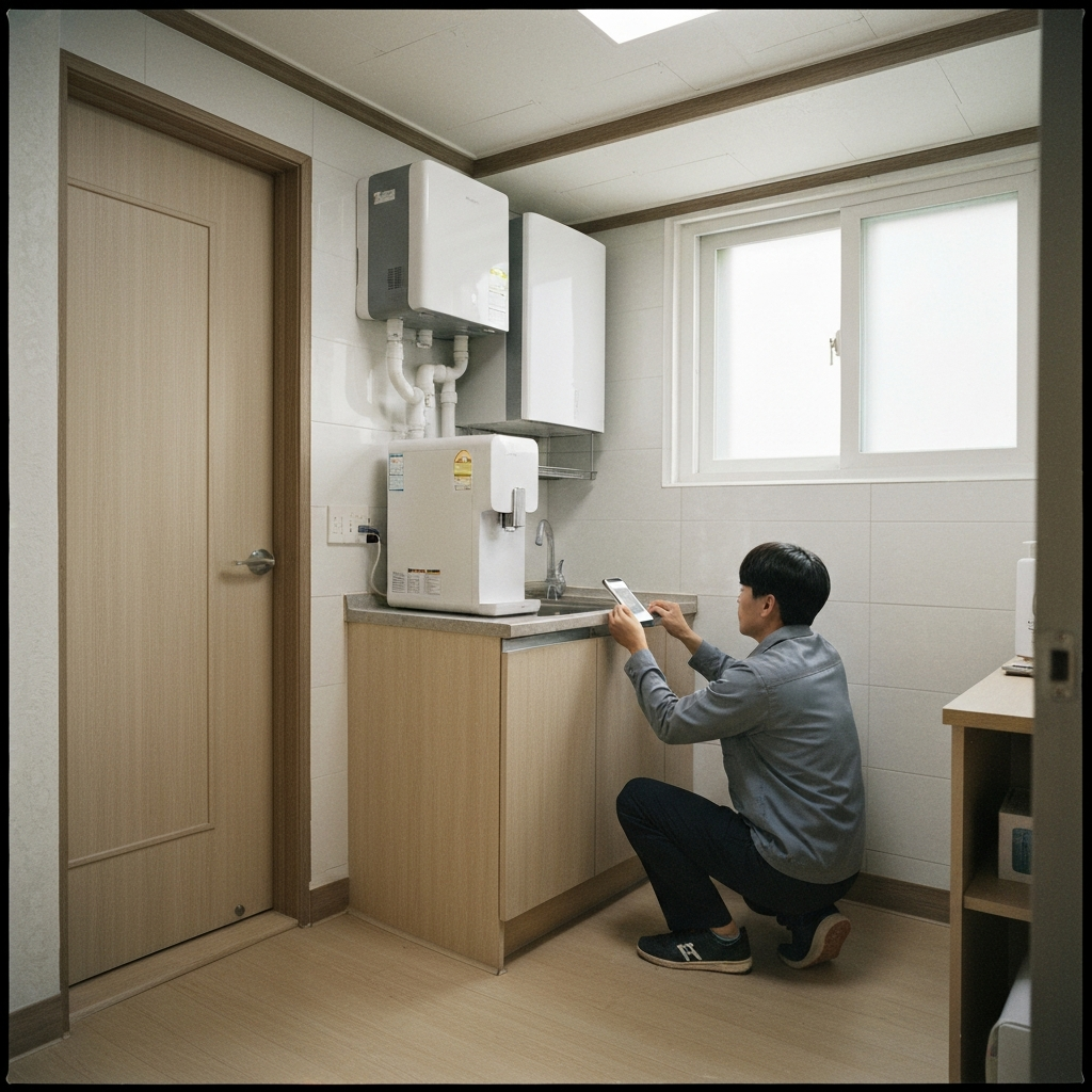 주방싱크대옆물정수기에서기술자가필터교체중.