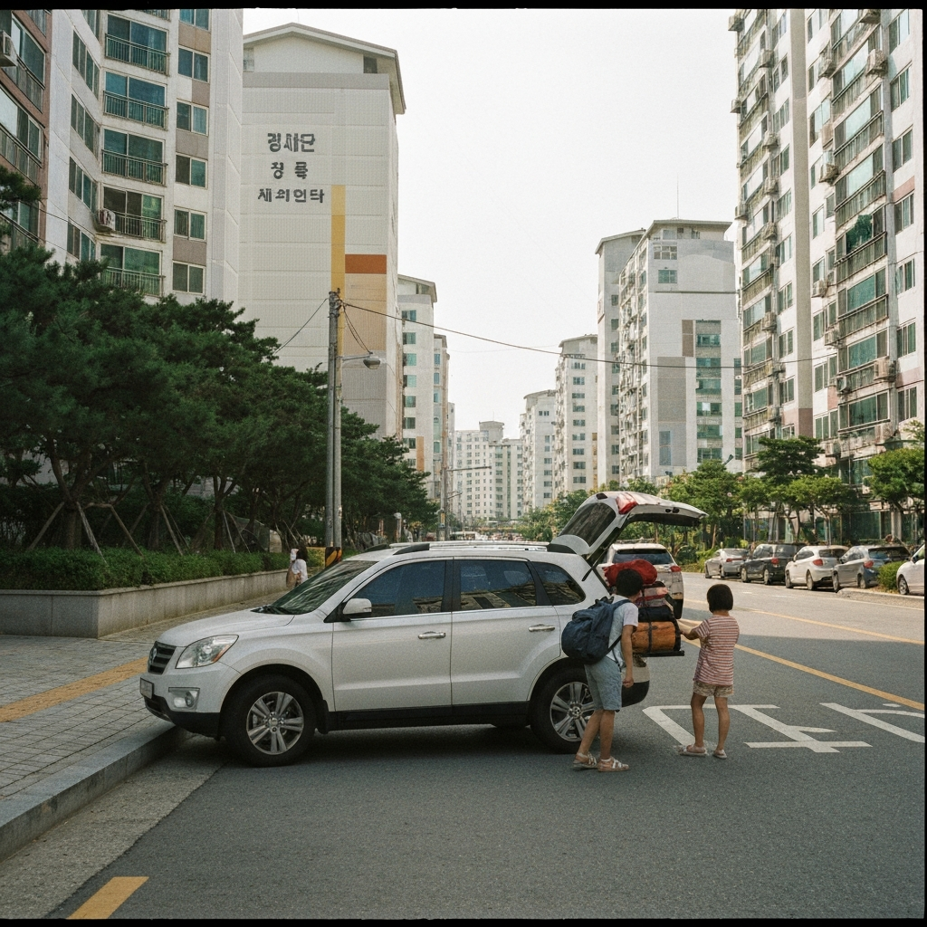 주거가 밀집한 도로에 SUV와 짐을 싣는 가족