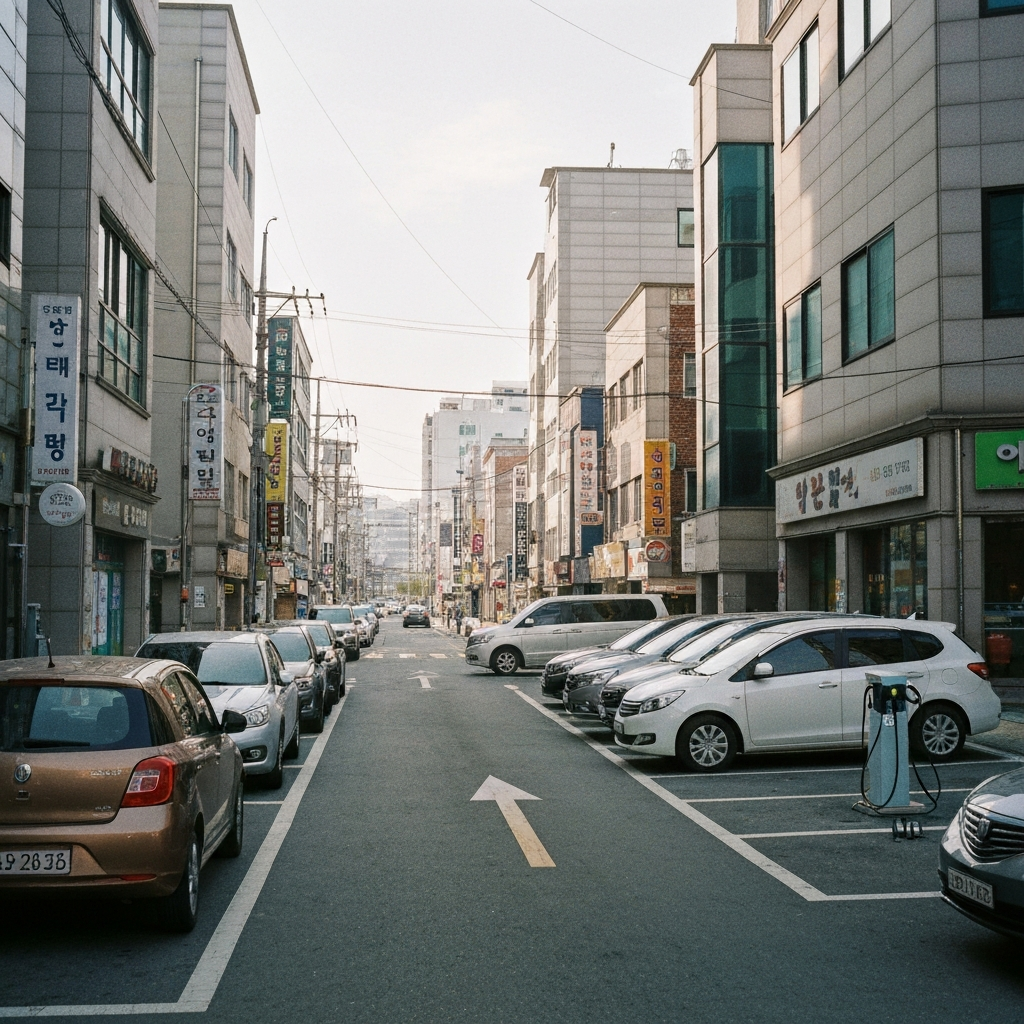 한국 도시의 길에 렌트카와 차들 주차된 모습