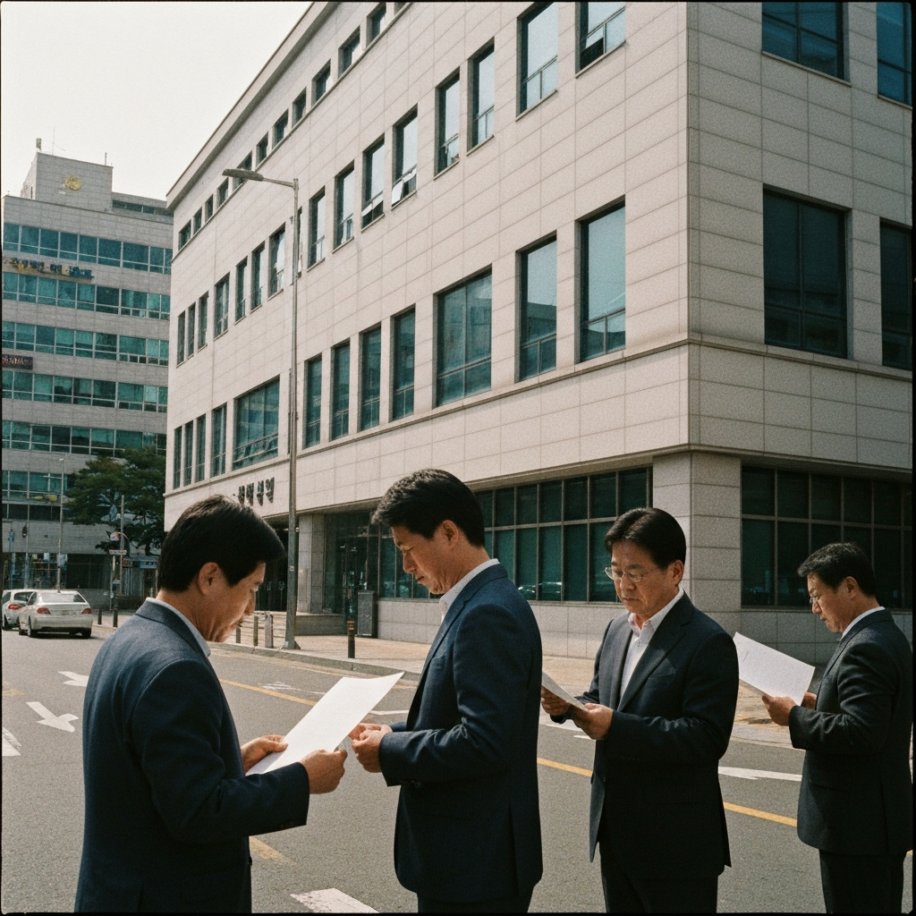 현대 한국 법원 앞에서 빈 서류를 준비하는 소수 인물들.