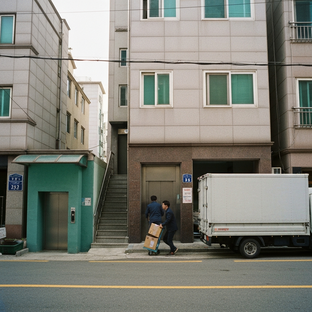 좁은도심빌딩앞이삿짐트럭으로이사를하는사람들.