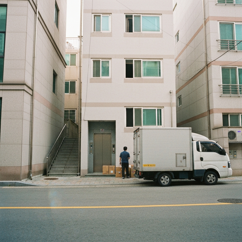 협소한골목 이삿짐트럭 두이사 엘베계단으로옮김.