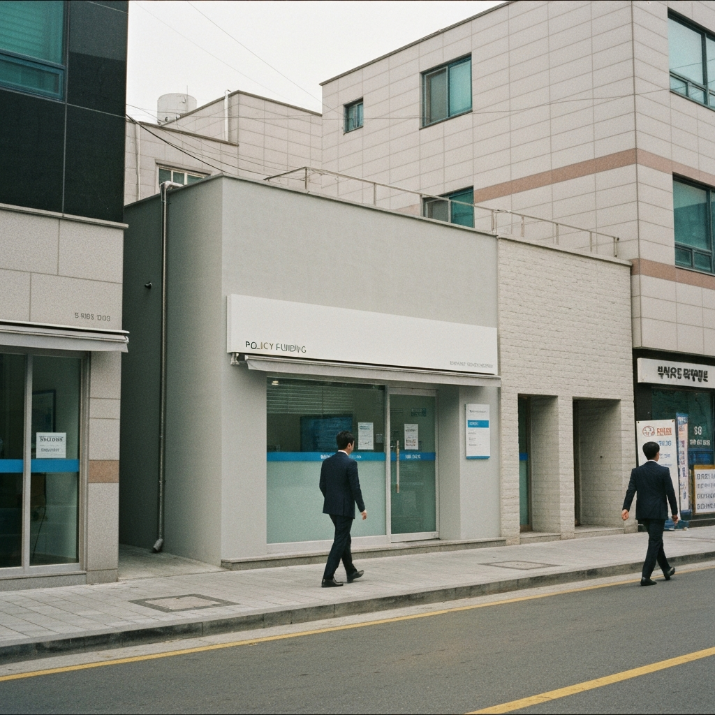 한국도시의미니멀은행앞에서서류를보는두사람.