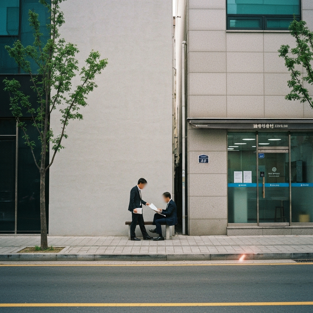 은행 앞 두 사람이 서류를 논의하는 모습.