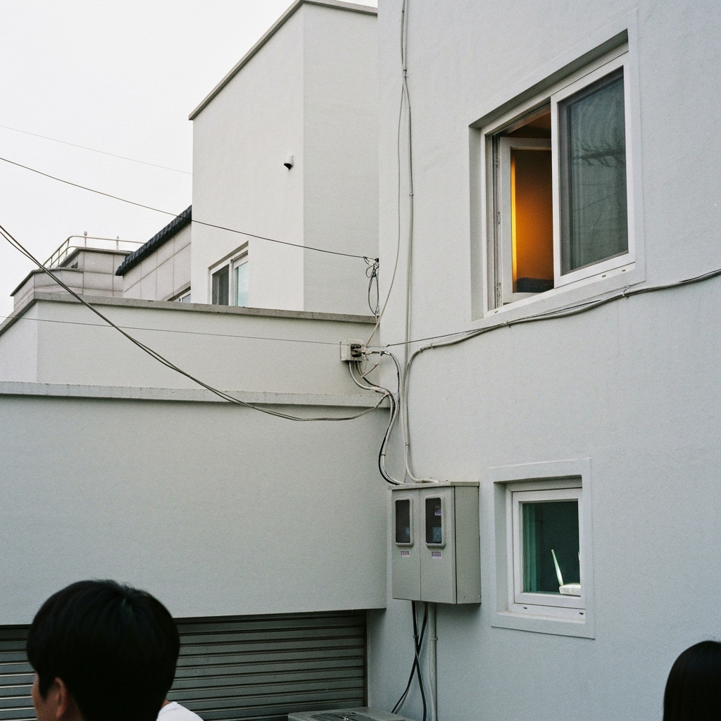 창문속모뎀빛과배선이보이는한국주택이다