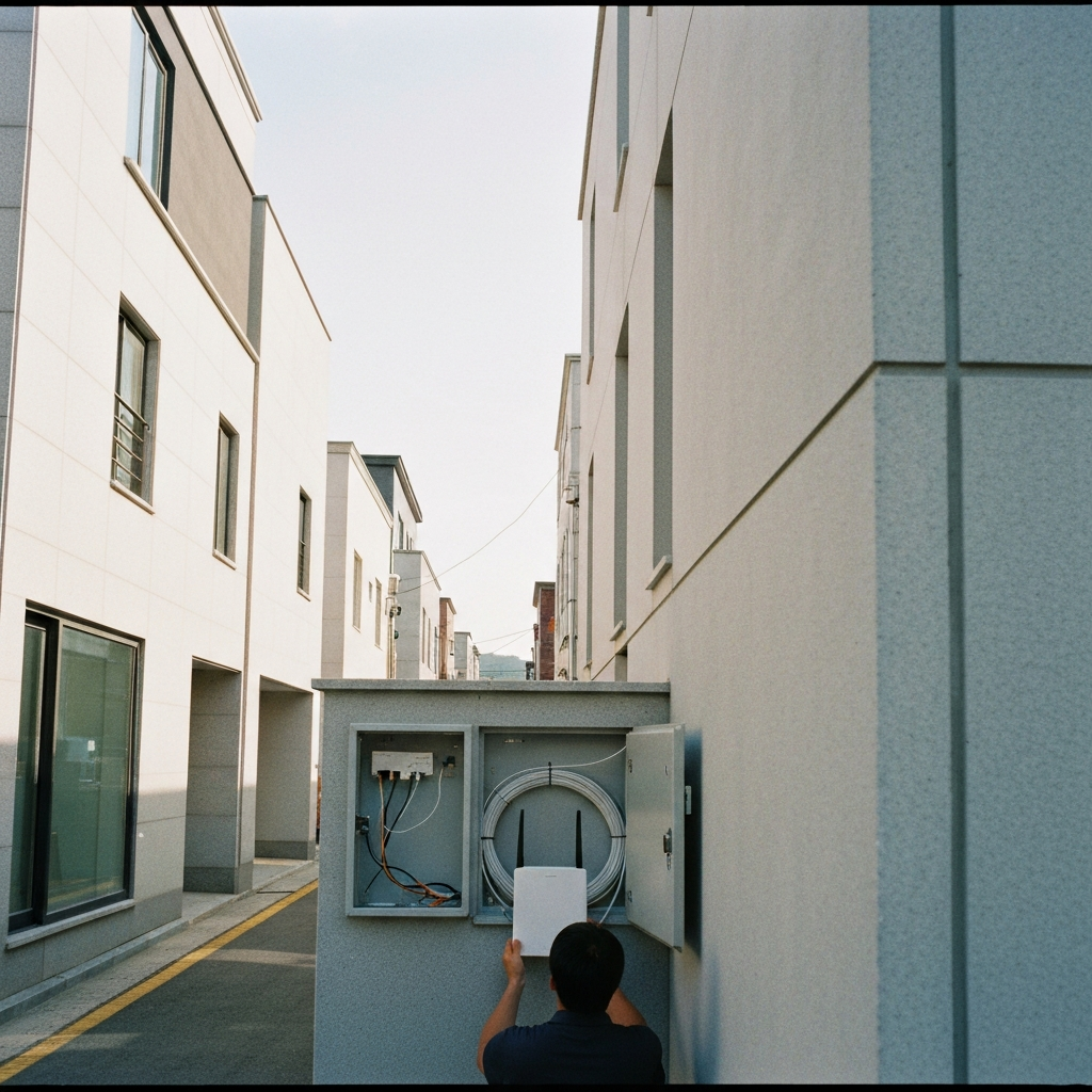 주택가현대파사드의외부박스를다루는기술자